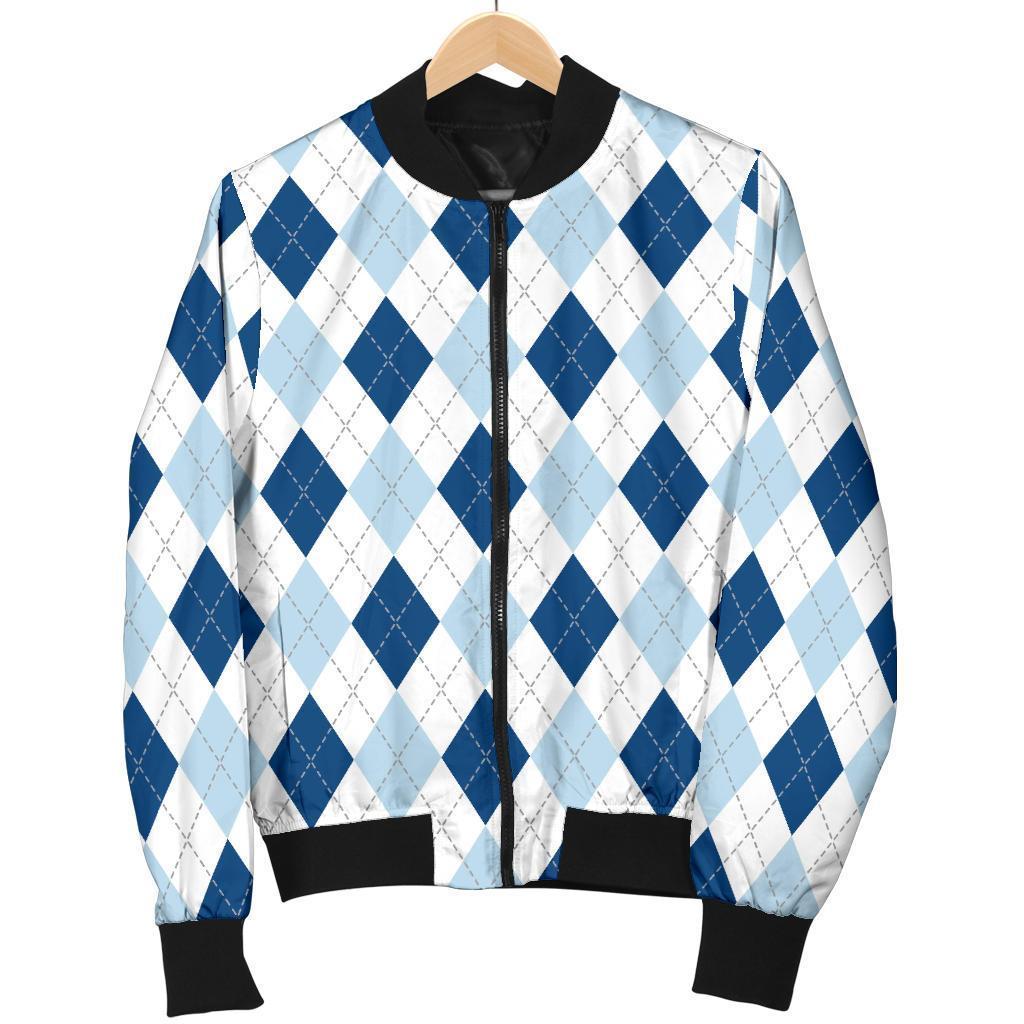 Argyle Blue Pattern Print Men's Bomber Jacket-grizzshop