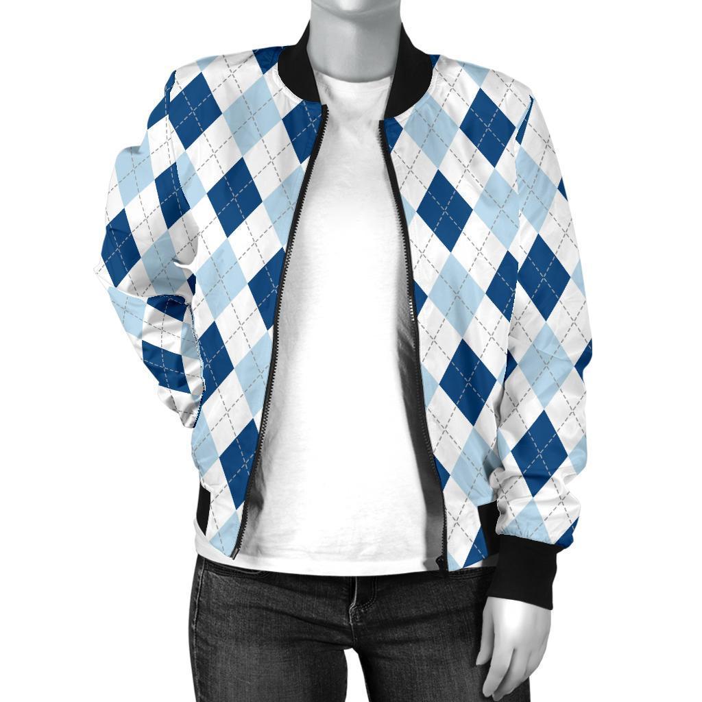 Argyle Blue Pattern Print Women Casual Bomber Jacket-grizzshop