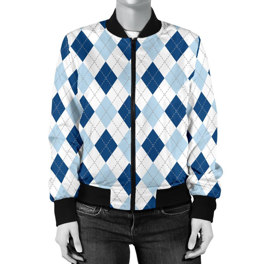 Argyle Blue Pattern Print Women Casual Bomber Jacket-grizzshop