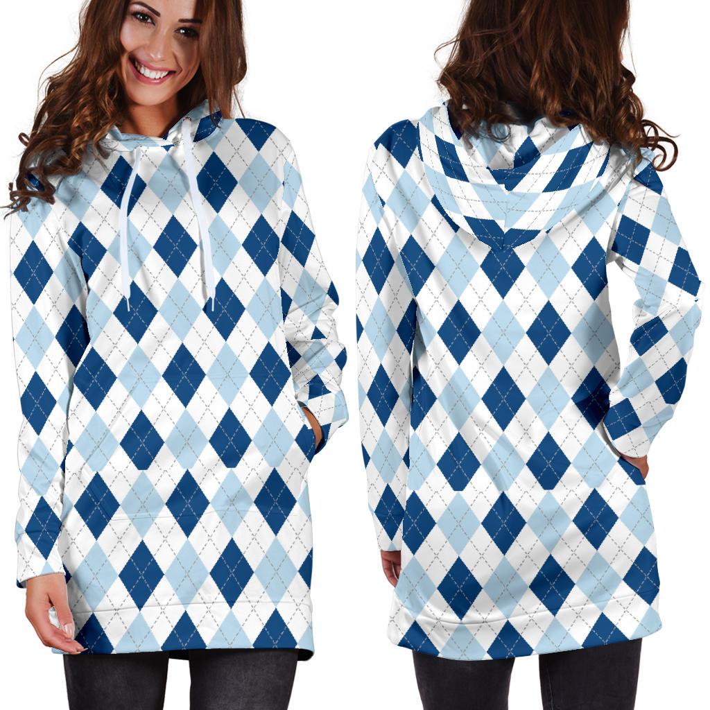 Argyle Blue Pattern Print Women Hoodie Dress-grizzshop