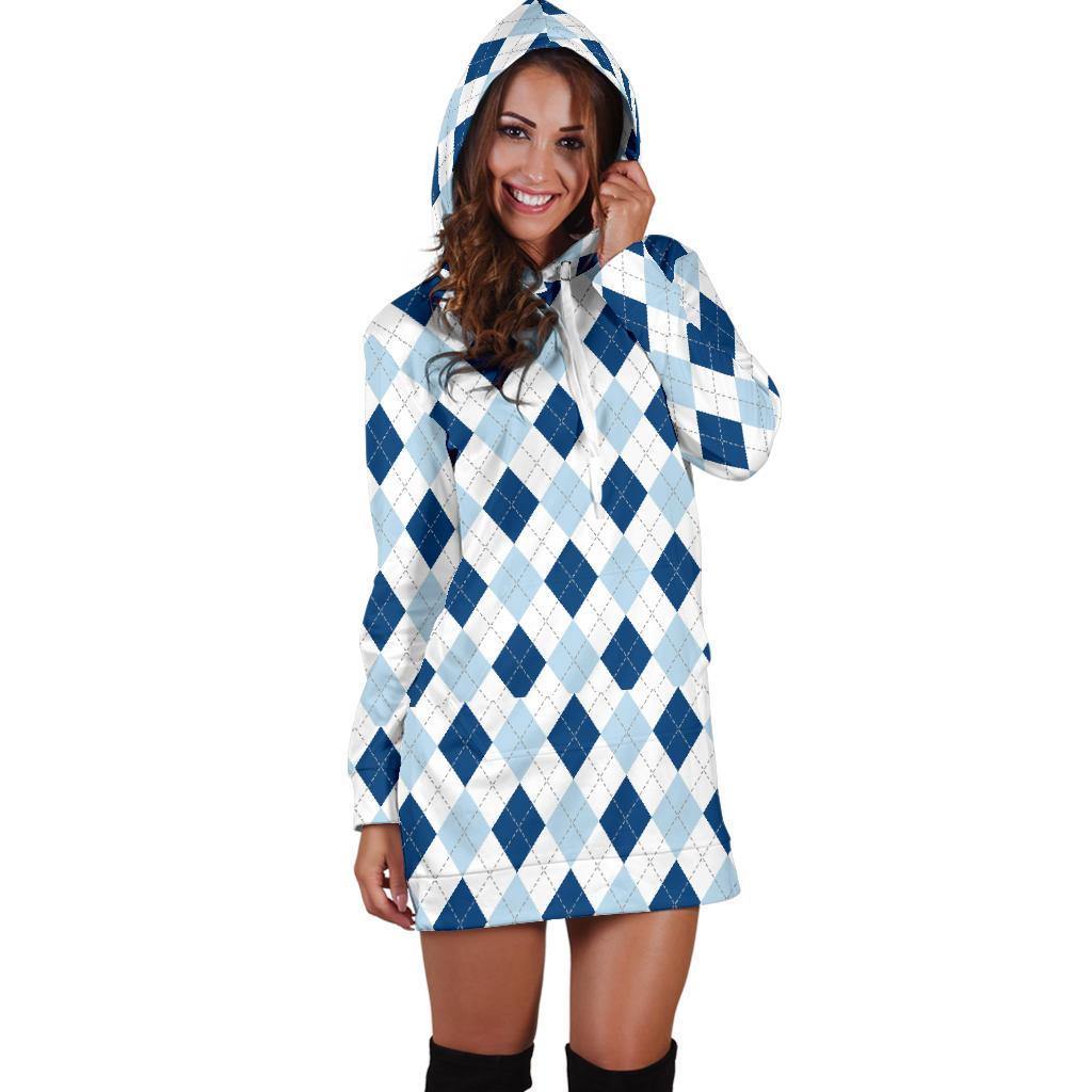 Argyle Blue Pattern Print Women Hoodie Dress-grizzshop