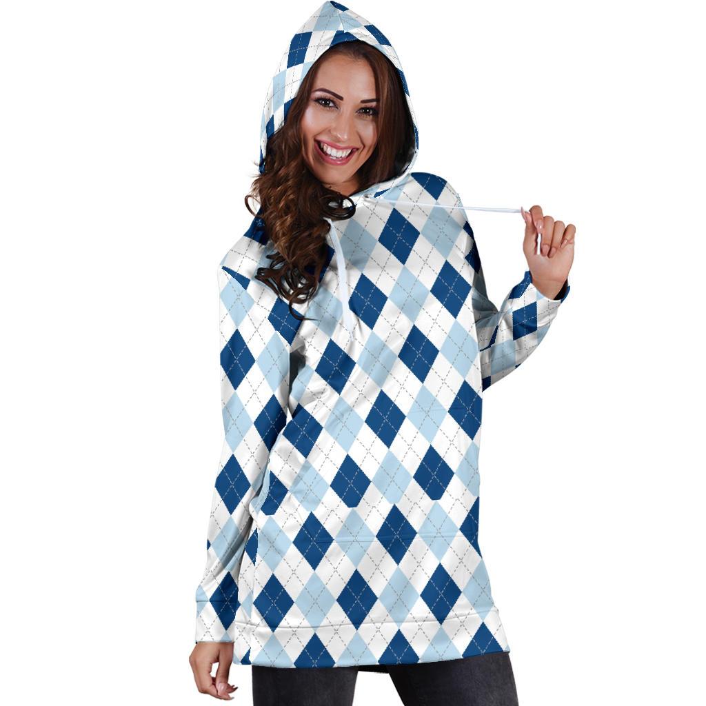 Argyle Blue Pattern Print Women Hoodie Dress-grizzshop