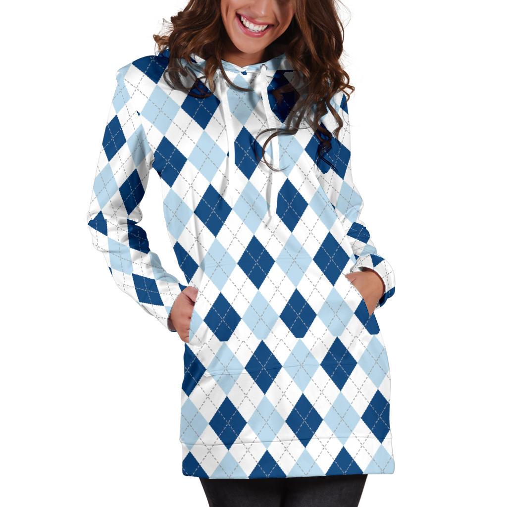 Argyle Blue Pattern Print Women Hoodie Dress-grizzshop