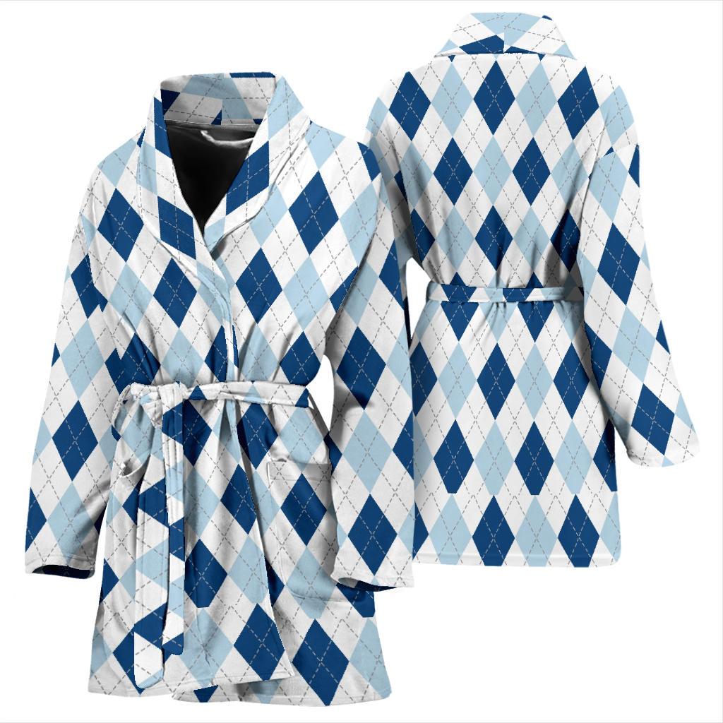 Argyle Blue Pattern Print Women Long Robe-grizzshop