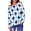 Argyle Blue Pattern Print Women Off Shoulder Sweatshirt-grizzshop