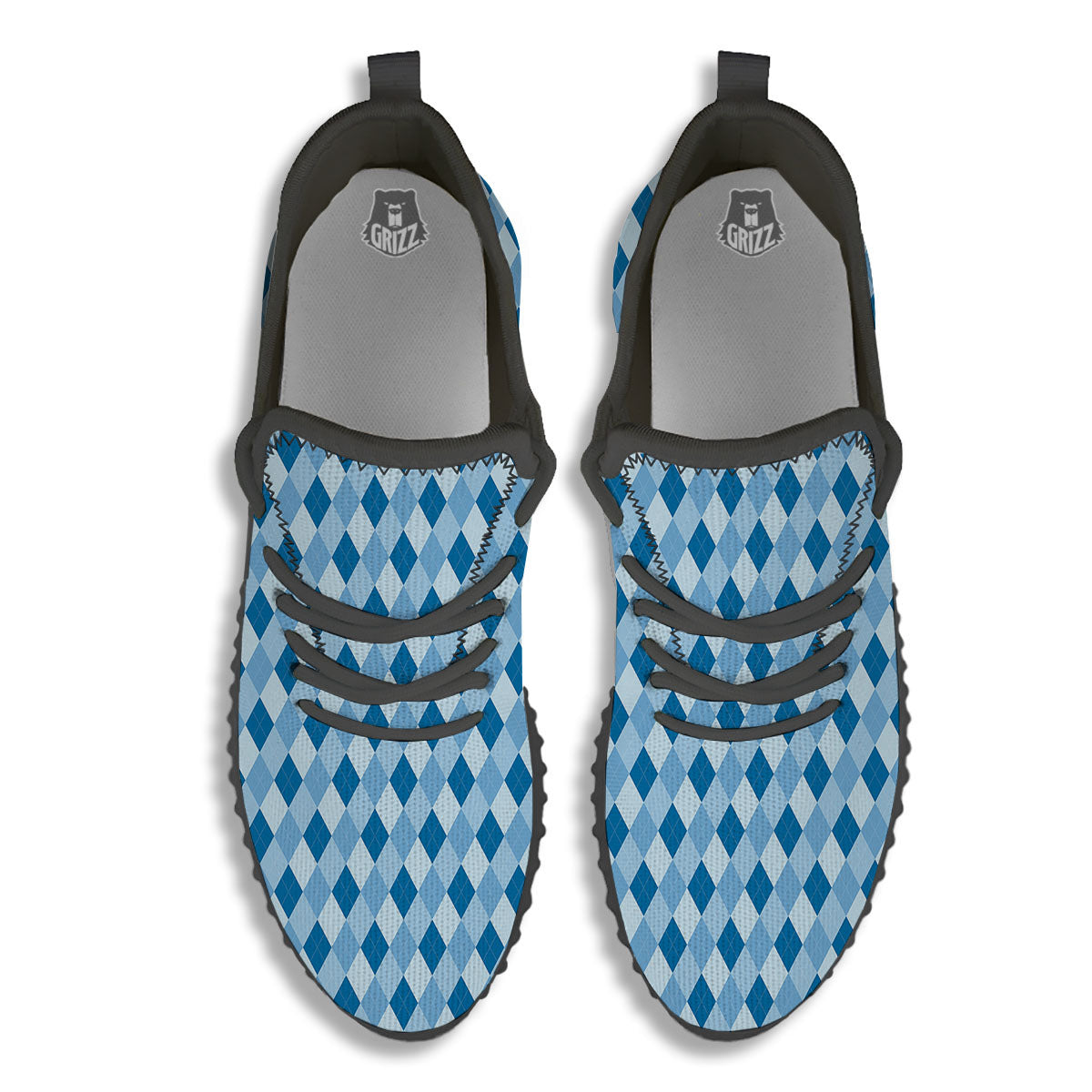 Argyle Blue Print Pattern Black Walking Shoes-grizzshop