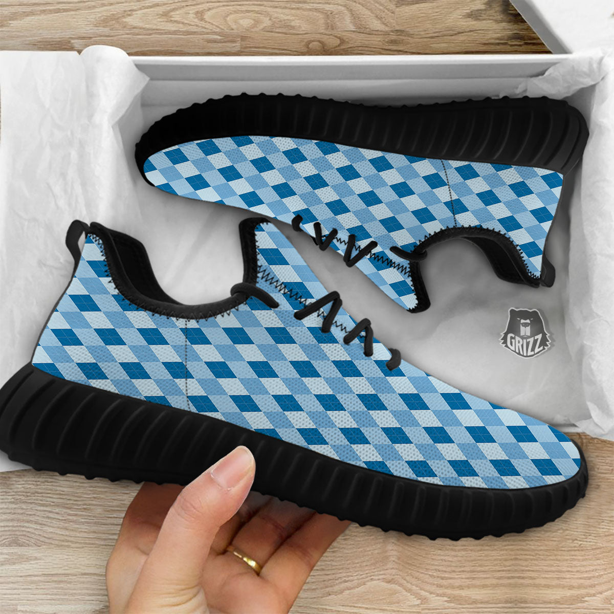 Argyle Blue Print Pattern Black Walking Shoes-grizzshop