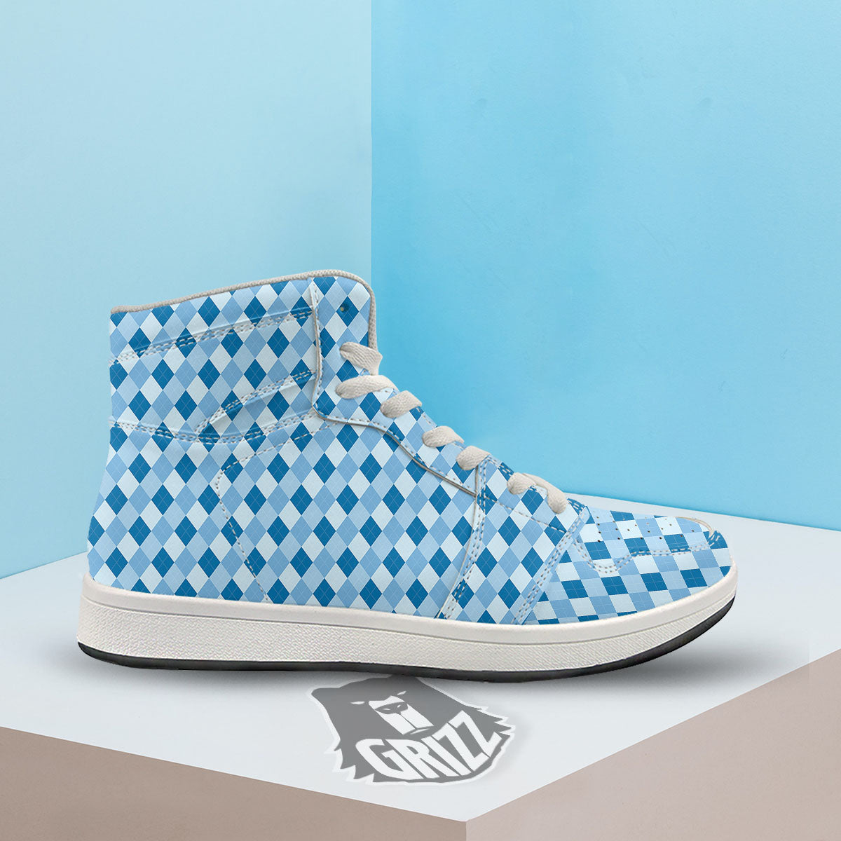 Argyle Blue Print Pattern High Top Sneakers-grizzshop