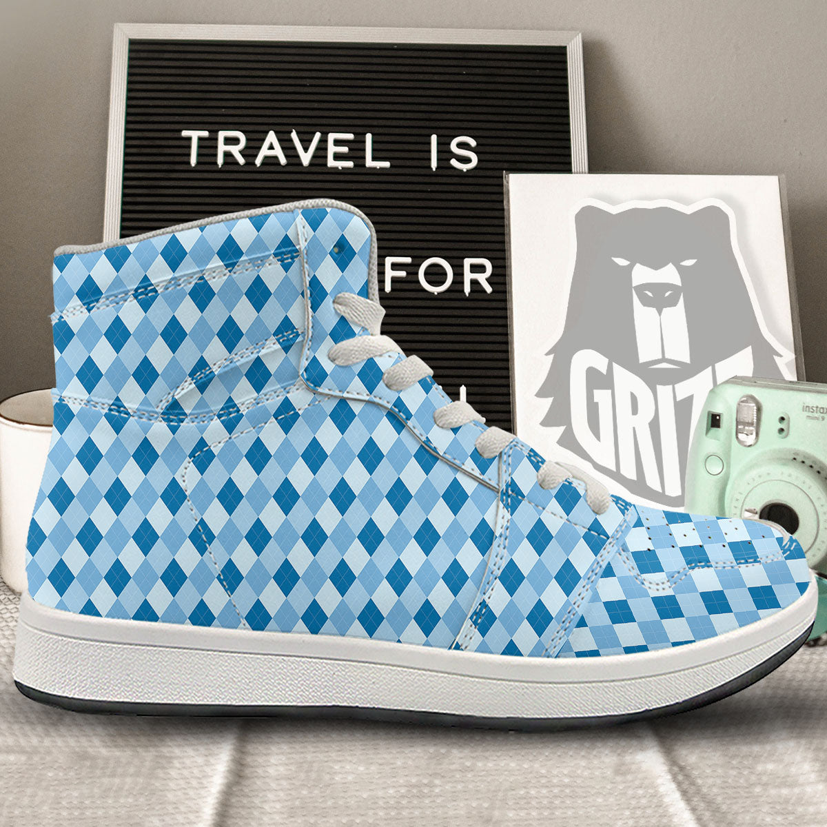 Argyle Blue Print Pattern High Top Sneakers-grizzshop