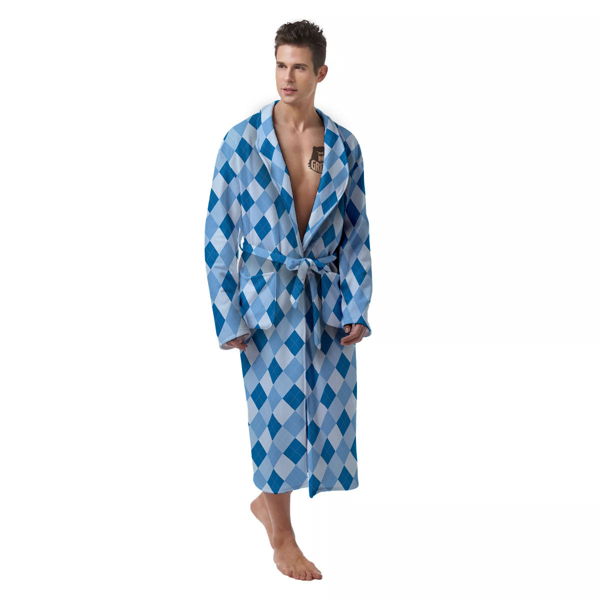 Argyle Blue Print Pattern Men's Robe-grizzshop