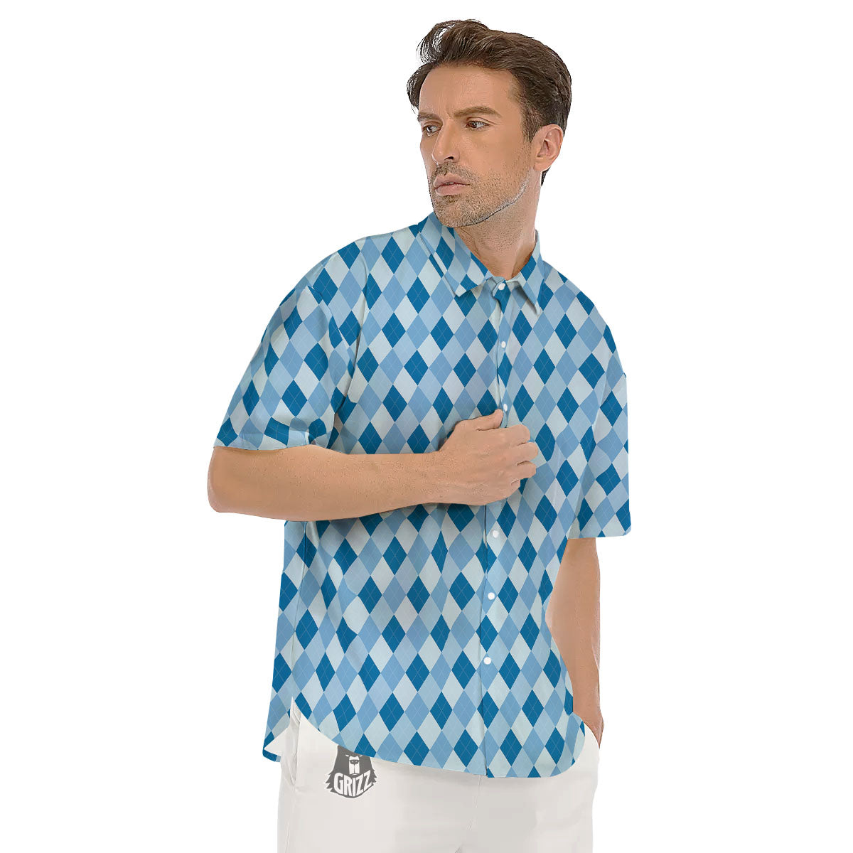 Argyle Blue Print Pattern Men's Short Sleeve Shirts-grizzshop