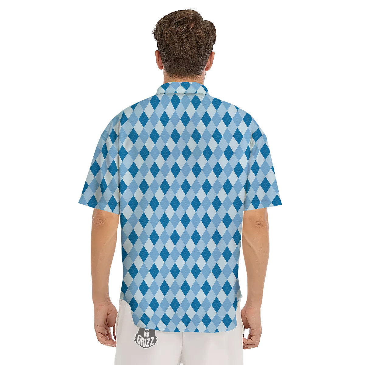 Argyle Blue Print Pattern Men's Short Sleeve Shirts-grizzshop