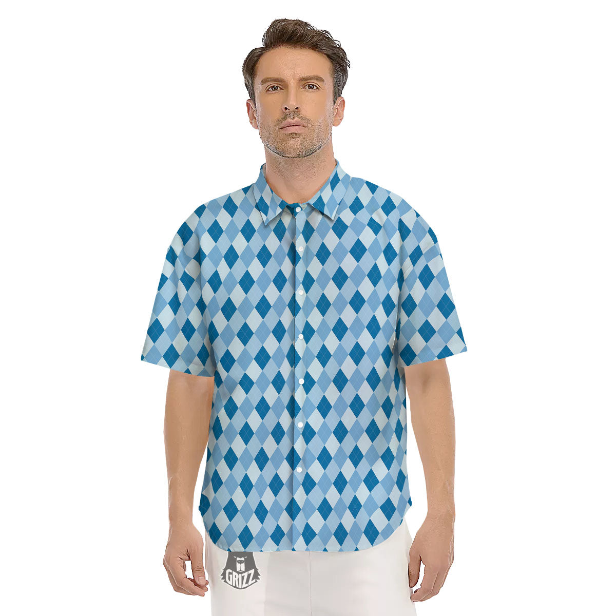 Argyle Blue Print Pattern Men's Short Sleeve Shirts-grizzshop