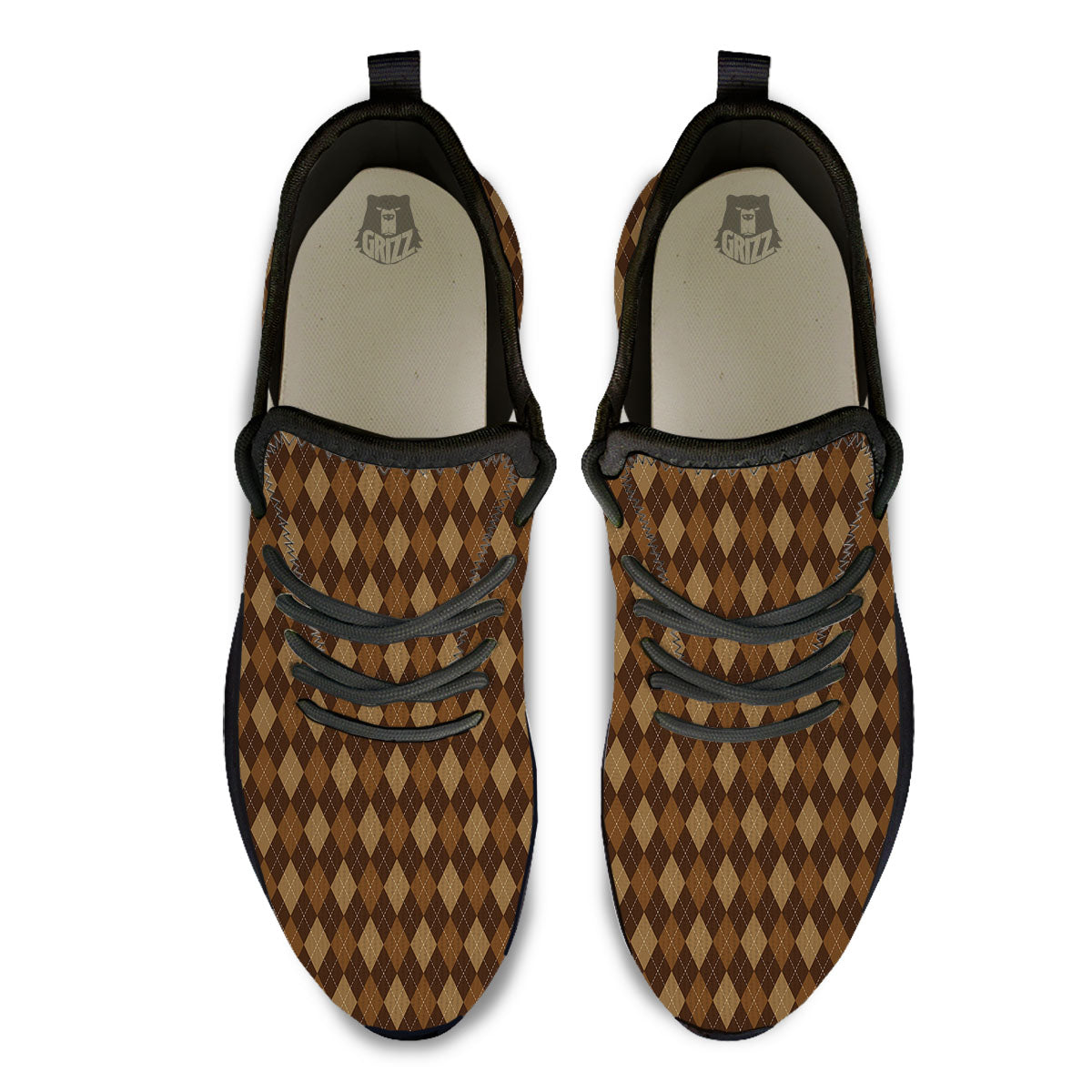 Argyle Brown Print Pattern Black Athletic Shoes-grizzshop