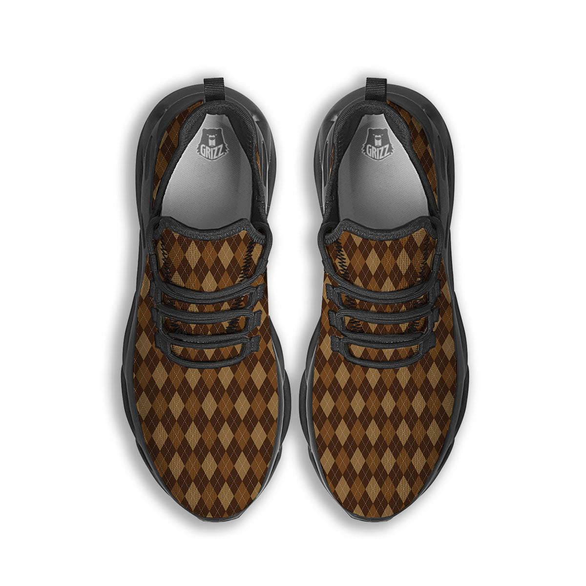 Argyle Brown Print Pattern Black Running Shoes-grizzshop