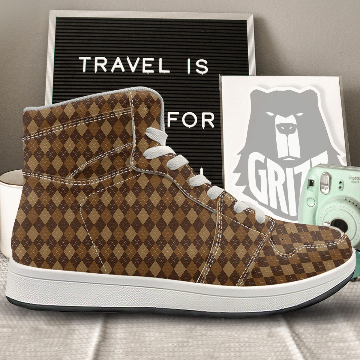 Argyle Brown Print Pattern High Top Sneakers-grizzshop
