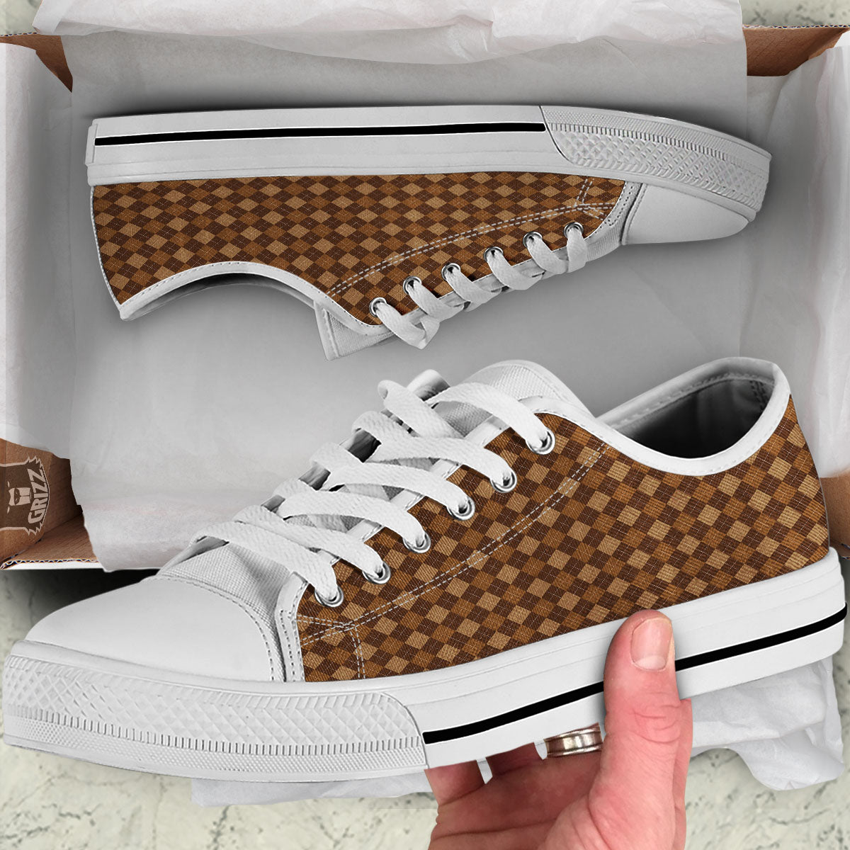 Argyle Brown Print Pattern White Low Top Shoes-grizzshop