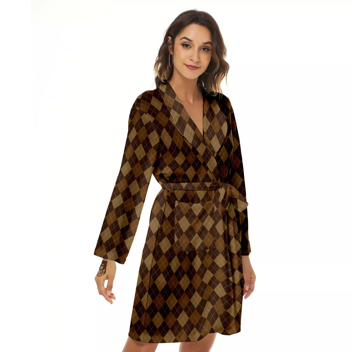 Argyle Brown Print Pattern Women's Robe-grizzshop