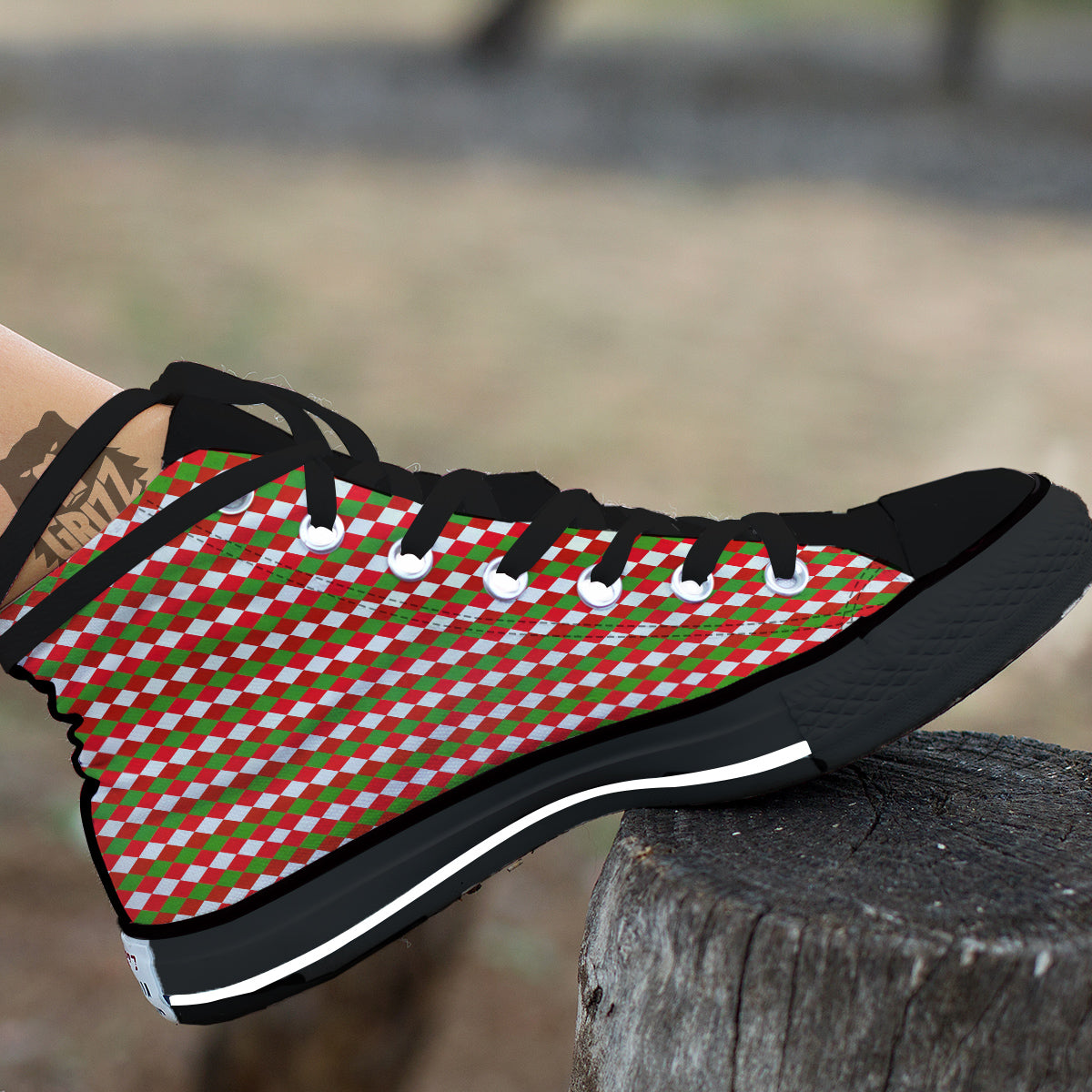 Argyle Christmas Themed Print Pattern Black High Top Shoes-grizzshop