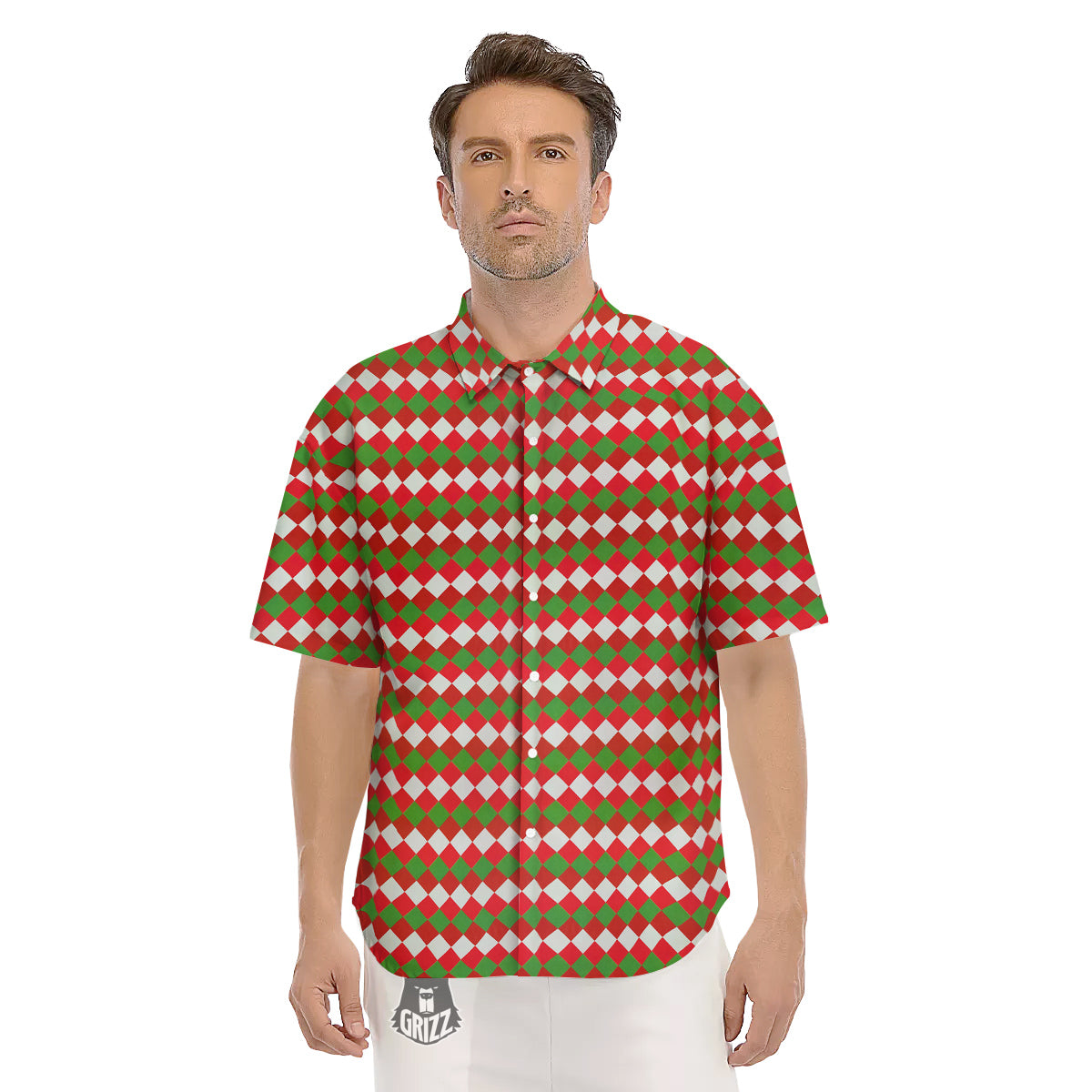 Argyle Christmas Themed Print Pattern Men's Short Sleeve Shirts-grizzshop