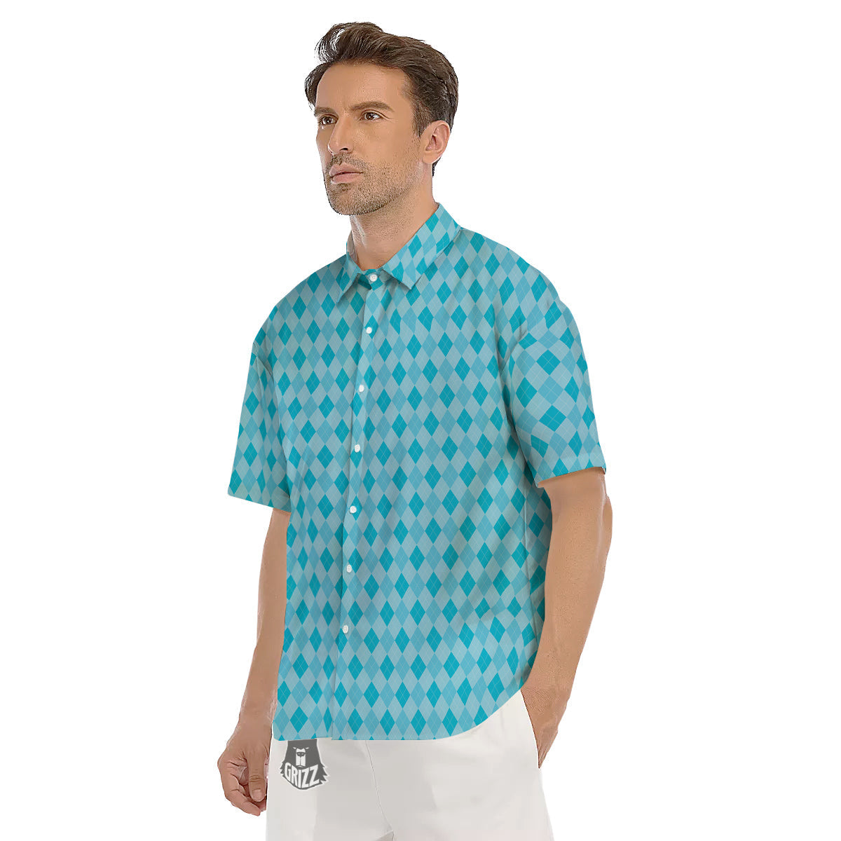 Argyle Classic Blue Print Pattern Men's Short Sleeve Shirts-grizzshop