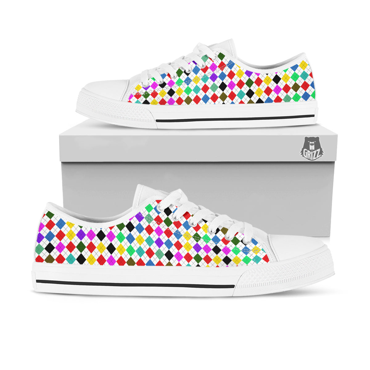 Argyle Colorful Print Pattern White Low Top Shoes-grizzshop