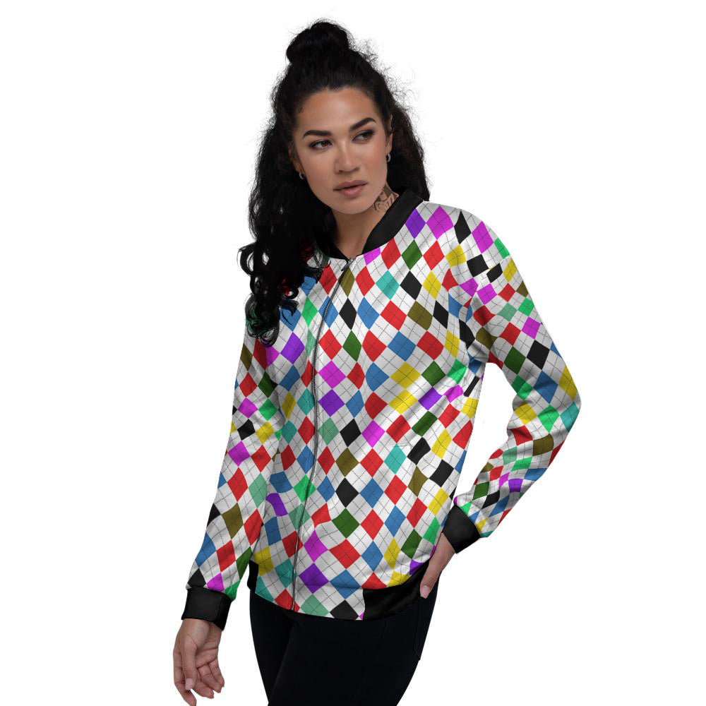 Argyle Colorful Print Pattern Women's Bomber Jacket-grizzshop
