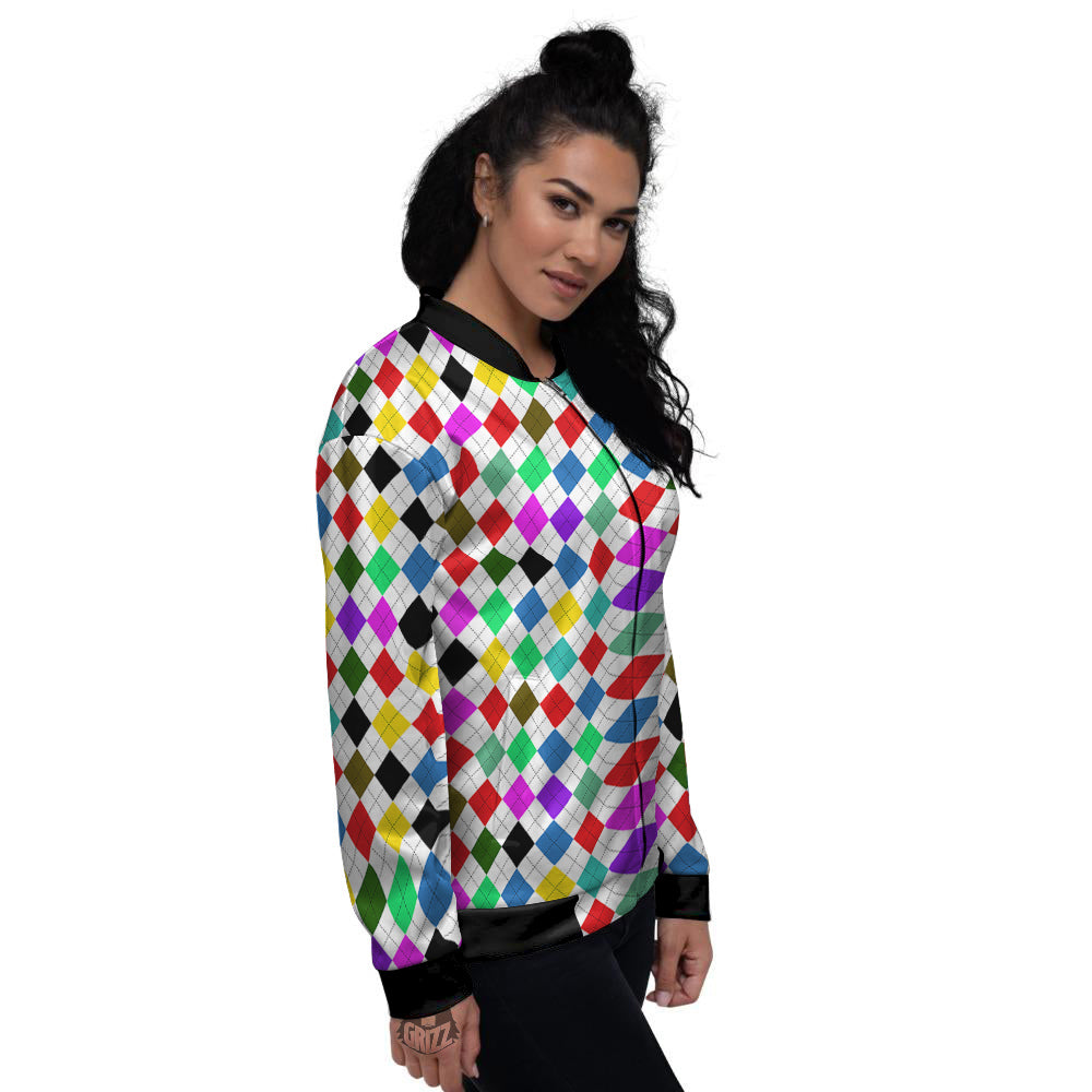 Argyle Colorful Print Pattern Women's Bomber Jacket-grizzshop