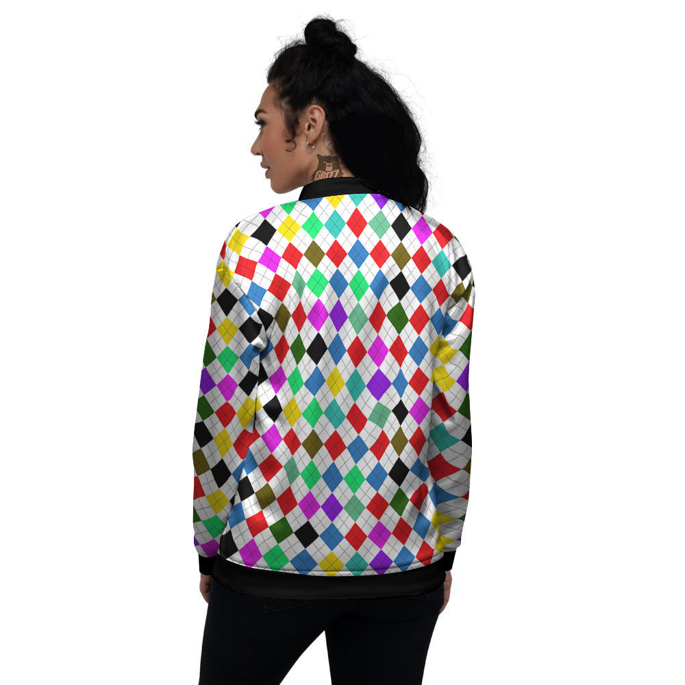 Argyle Colorful Print Pattern Women's Bomber Jacket-grizzshop