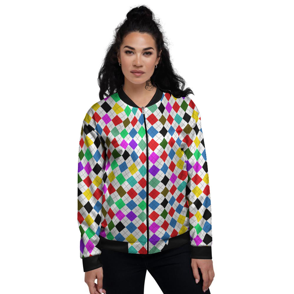Argyle Colorful Print Pattern Women's Bomber Jacket-grizzshop
