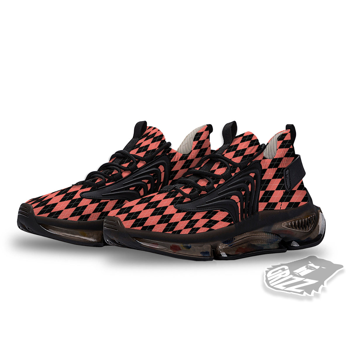 Argyle Coral And Black Print Pattern Black Gym Shoes-grizzshop