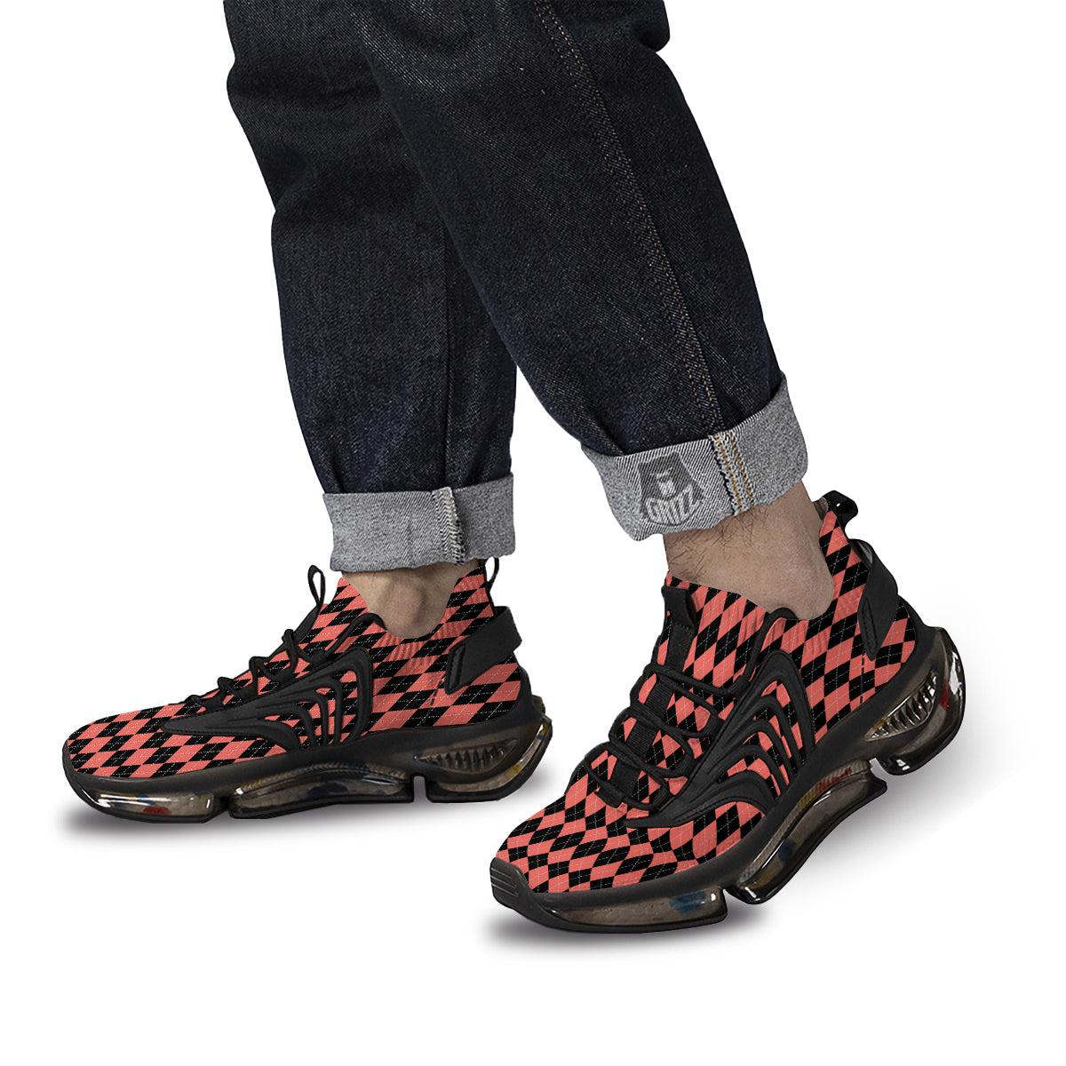 Argyle Coral And Black Print Pattern Black Gym Shoes-grizzshop