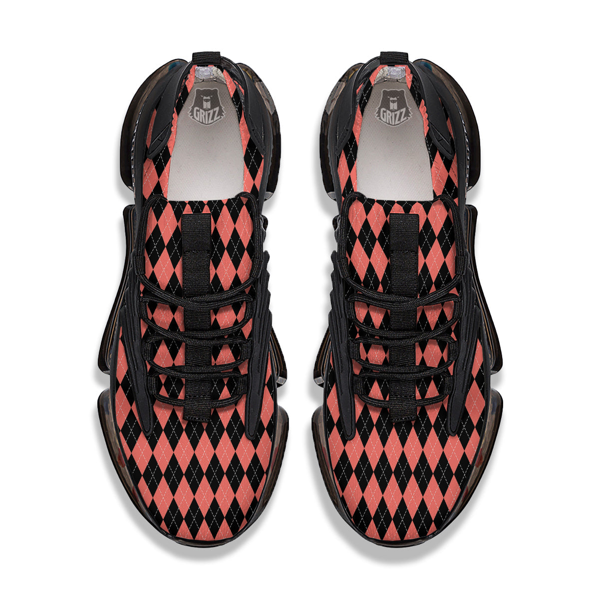 Argyle Coral And Black Print Pattern Black Gym Shoes-grizzshop
