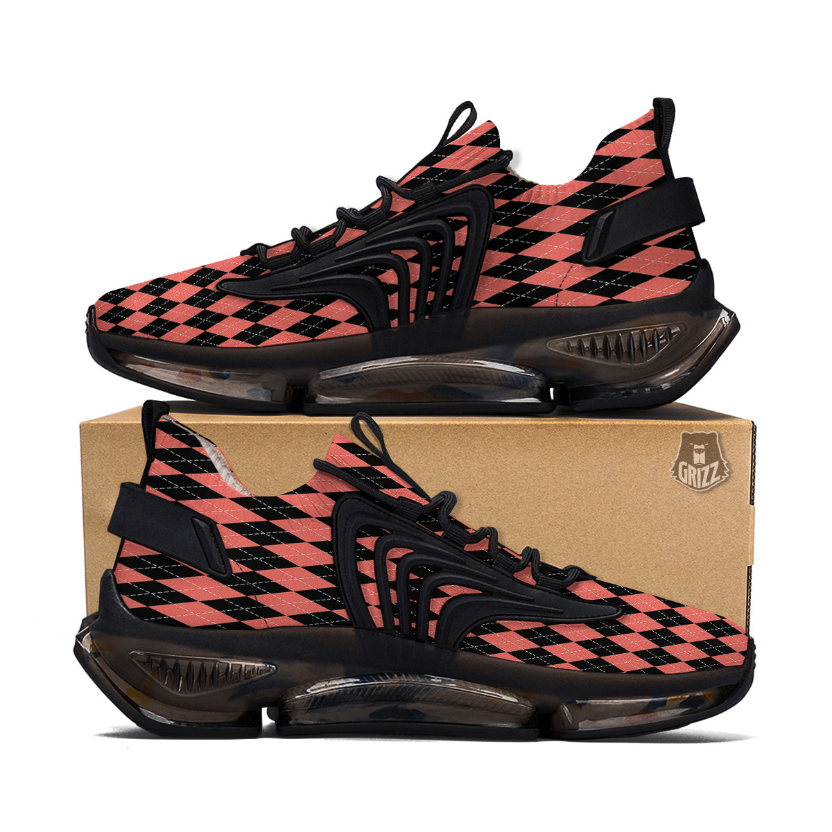 Argyle Coral And Black Print Pattern Black Gym Shoes-grizzshop