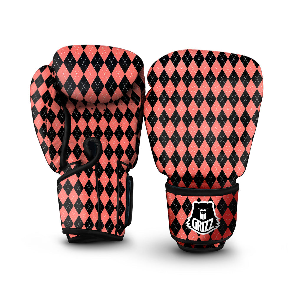 Argyle Coral And Black Print Pattern Boxing Gloves-grizzshop