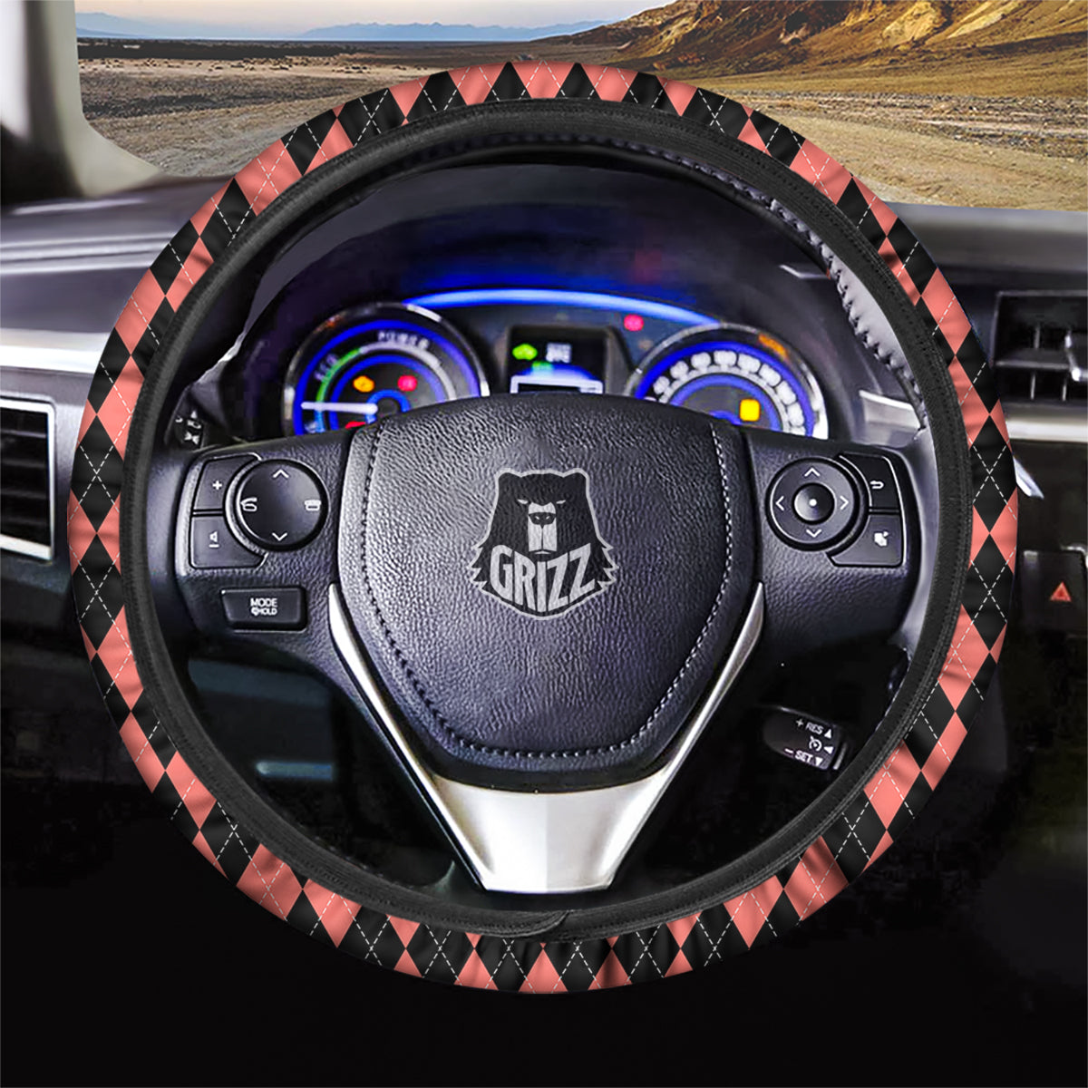 Argyle Coral And Black Print Pattern Car Steering Wheel Cover-grizzshop