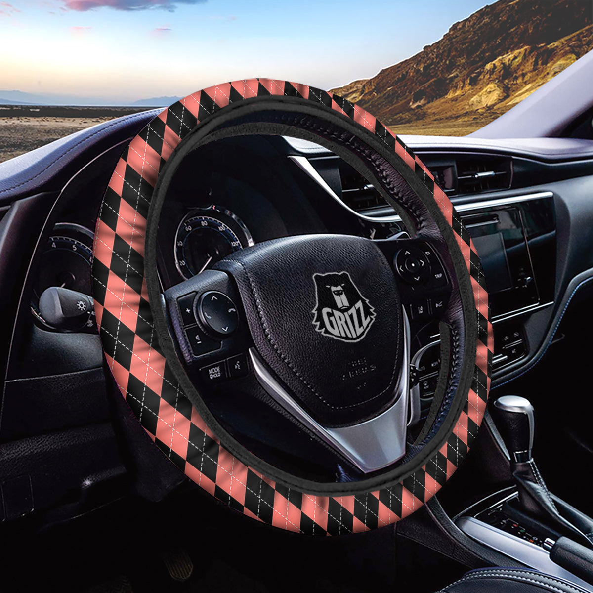 Argyle Coral And Black Print Pattern Car Steering Wheel Cover-grizzshop