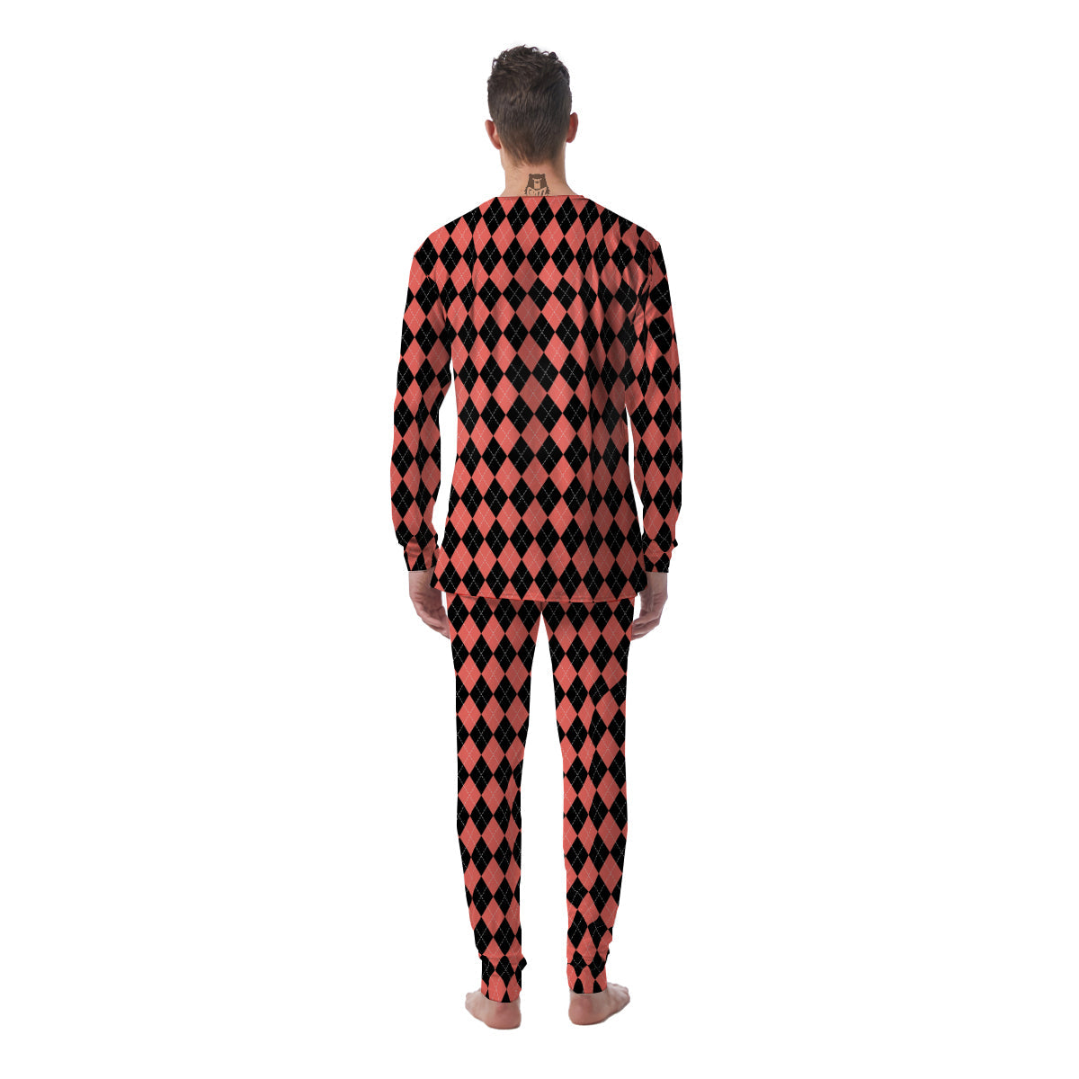 Argyle Coral And Black Print Pattern Men's Pajamas-grizzshop