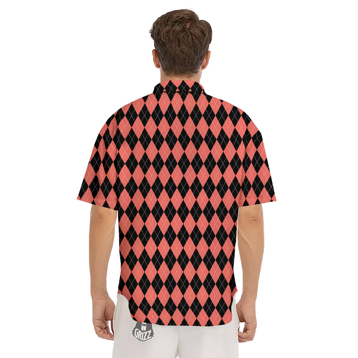 Argyle Coral And Black Print Pattern Men's Short Sleeve Shirts-grizzshop