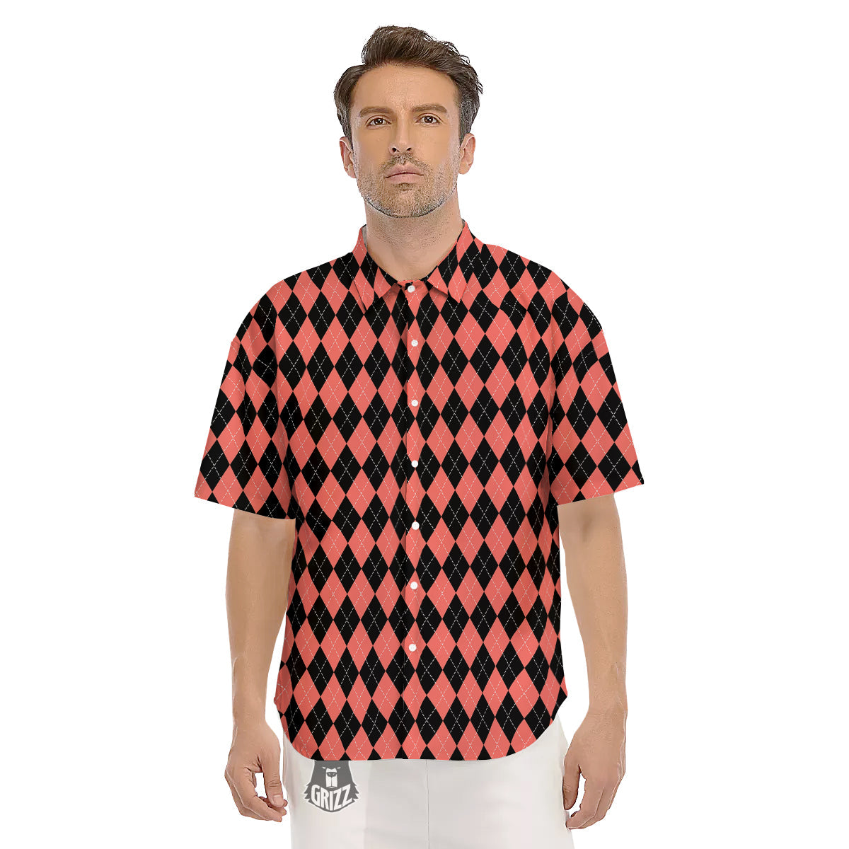 Argyle Coral And Black Print Pattern Men's Short Sleeve Shirts-grizzshop