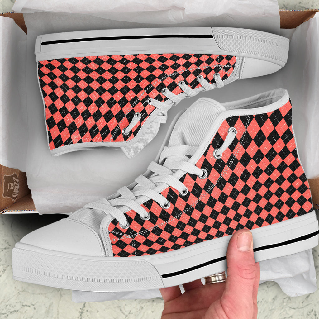 Argyle Coral And Black Print Pattern White High Top Shoes-grizzshop