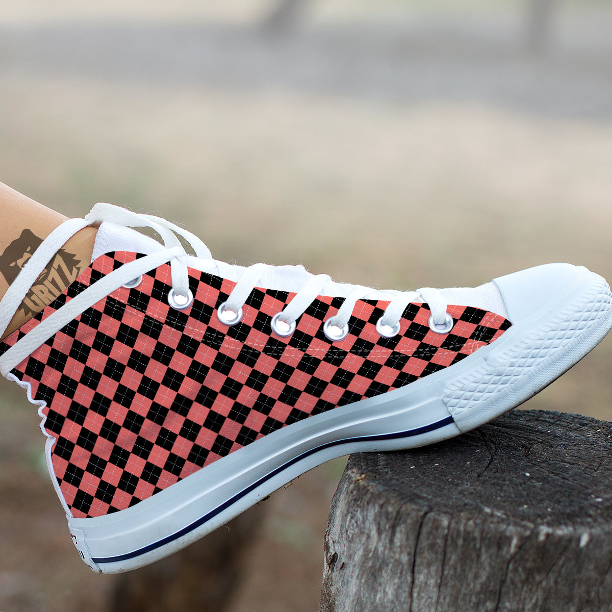 Argyle Coral And Black Print Pattern White High Top Shoes-grizzshop