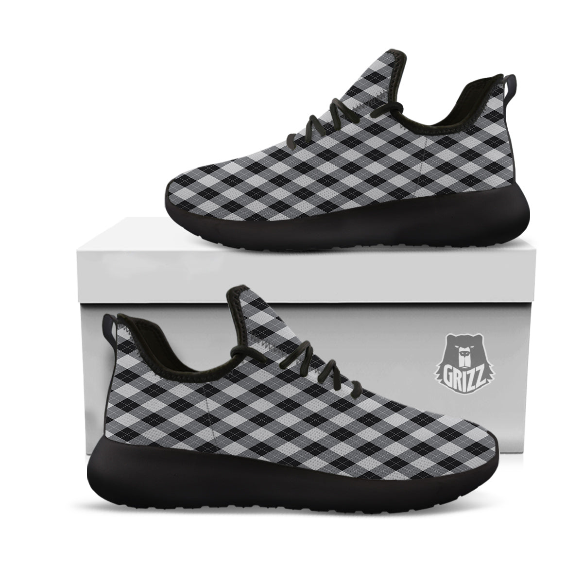 Argyle Dark Grey Print Pattern Black Athletic Shoes-grizzshop