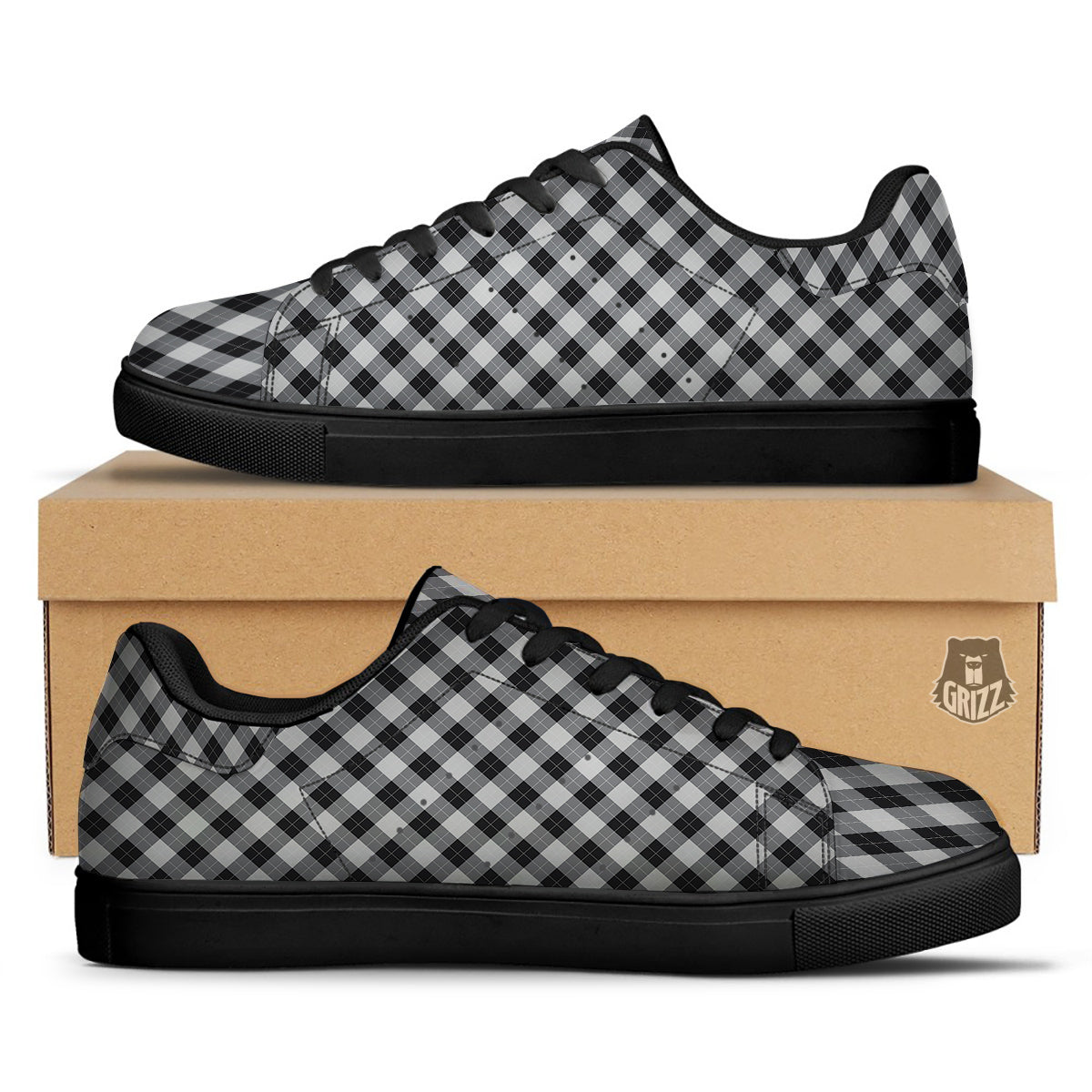 Argyle Dark Grey Print Pattern Black Low Top Sneakers-grizzshop