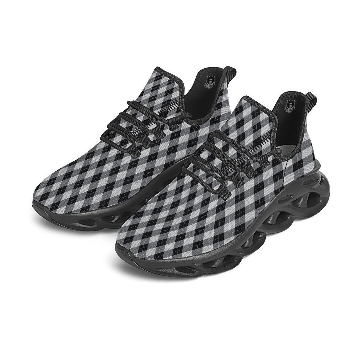 Argyle Dark Grey Print Pattern Black Running Shoes-grizzshop