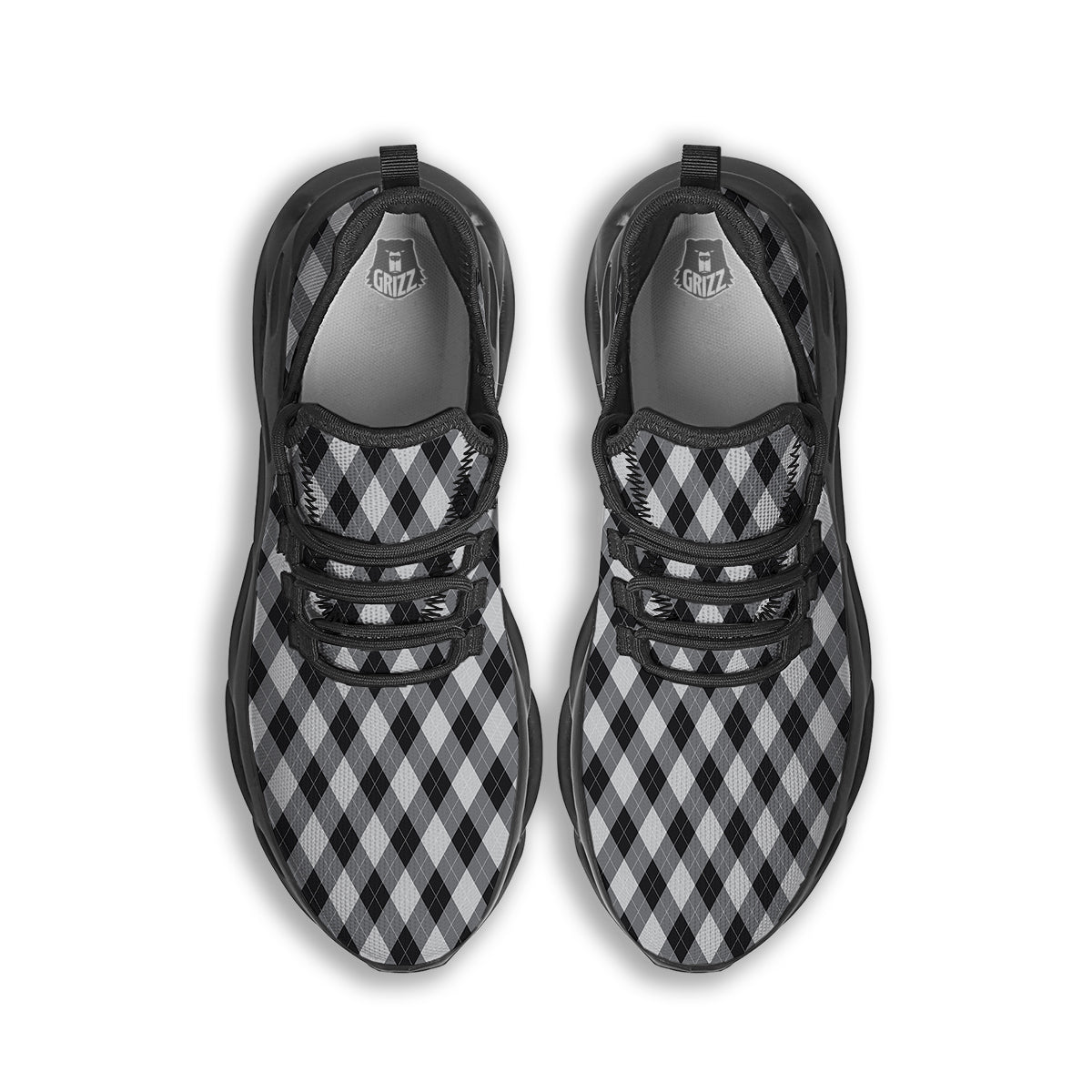 Argyle Dark Grey Print Pattern Black Running Shoes-grizzshop