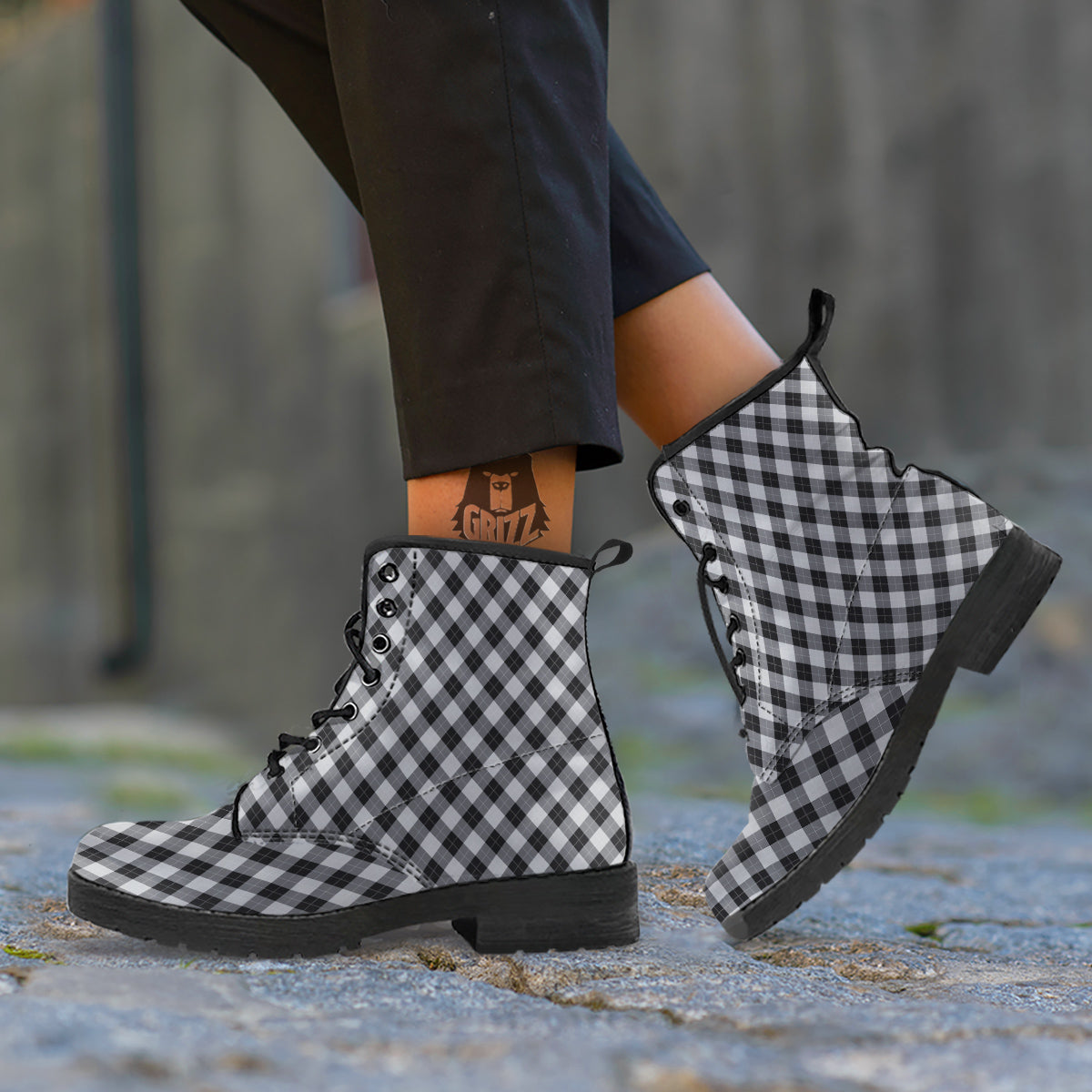 Argyle Dark Grey Print Pattern Leather Boots-grizzshop