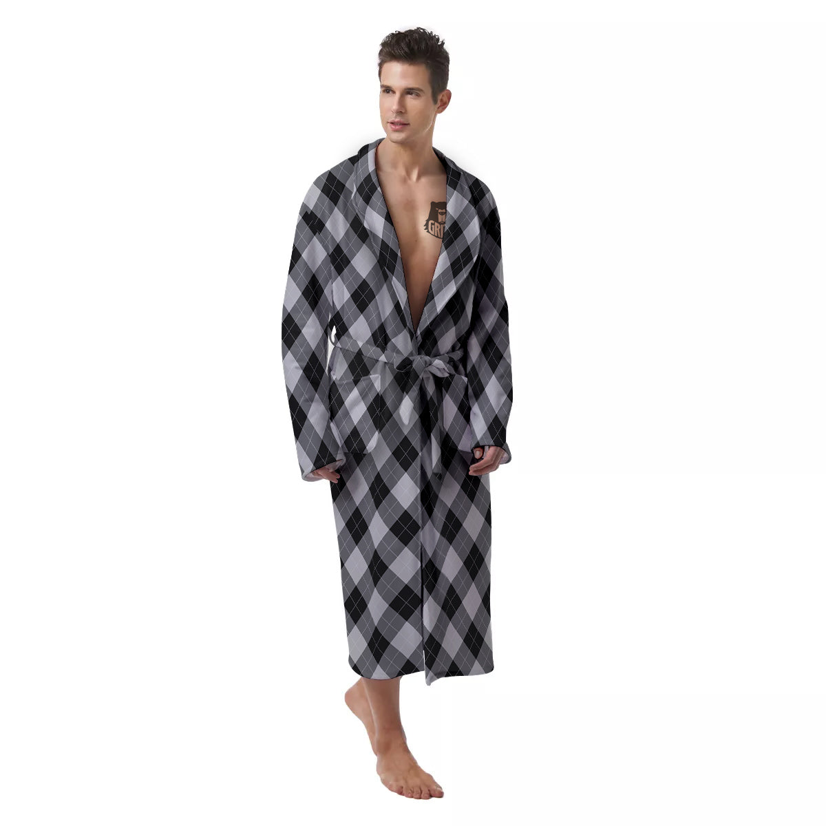 Argyle Dark Grey Print Pattern Men's Robe-grizzshop
