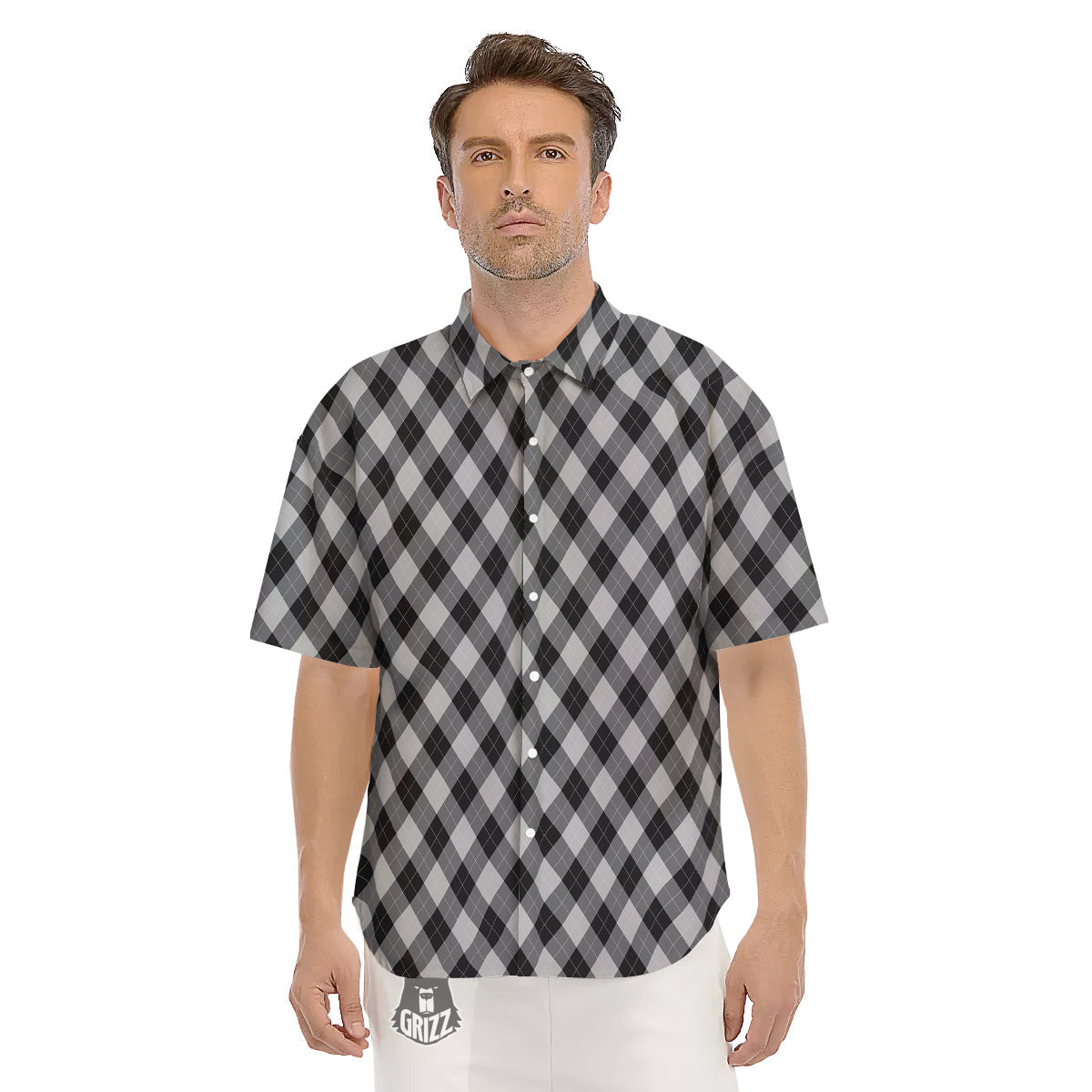 Argyle Dark Grey Print Pattern Men's Short Sleeve Shirts-grizzshop