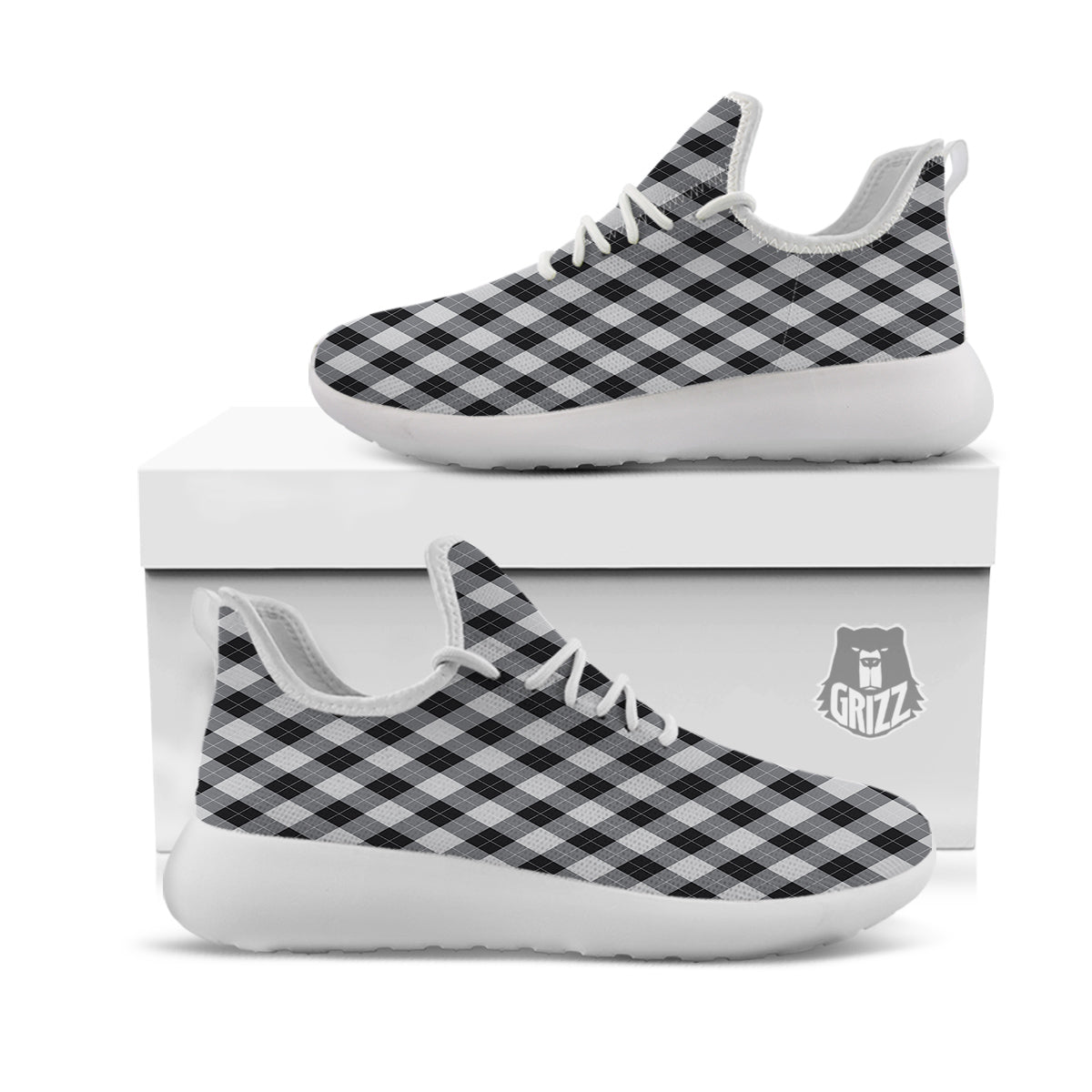 Argyle Dark Grey Print Pattern White Athletic Shoes-grizzshop